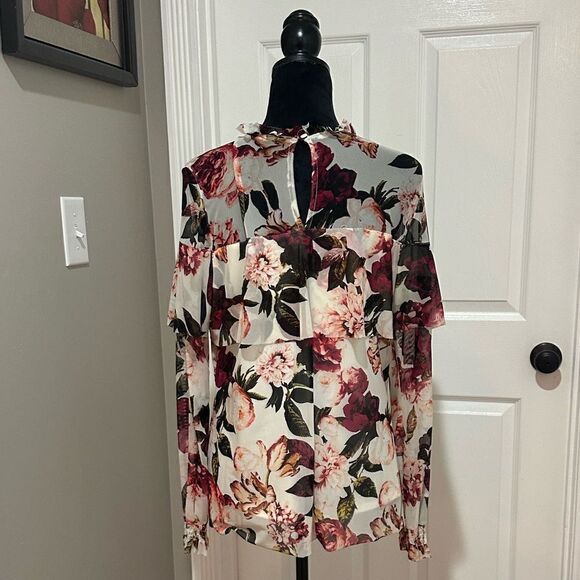 Worthington Floral Beautiful Mesh Blouse Lined Bodice Sheer Upper Sz L - Picture 4 of 5